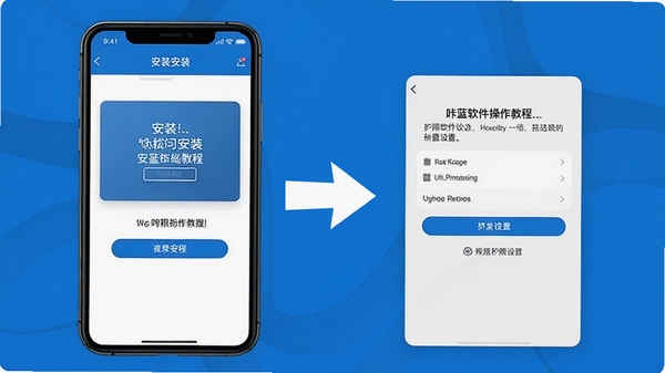 咔蓝软件操作教程示意图,手机屏幕显示安装步骤和权限设置界面,清晰箭头指引,蓝色主题,简洁教程风格
