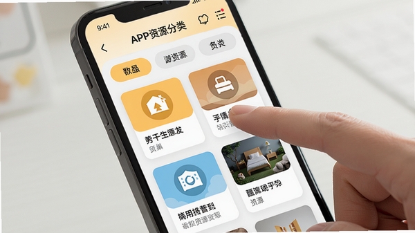 有巢APP资源分类浏览界面,手机屏幕显示清晰的分类标签和资源卡片列表,每个卡片带有图标和简短描述,用户手指正在点击分类标签,背景明亮简洁,突出便捷浏览体验