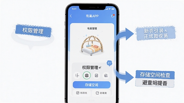 有巢APP新手安装设置界面示意图,手机屏幕展示权限管理页面和存储空间检查提示,旁边配有清晰的步骤标注箭头,整体风格简洁实用,突出新手引导与避坑要点