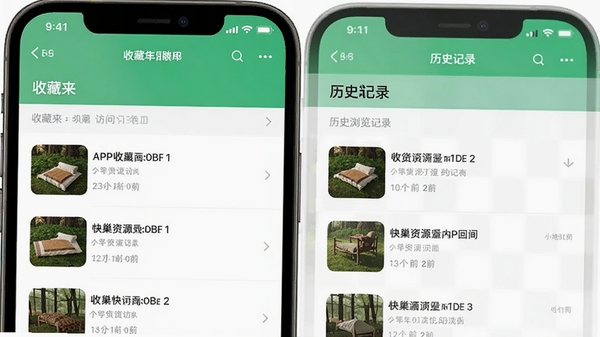 有巢APP收藏与历史记录界面,手机屏幕显示收藏夹列表和历史浏览记录,每条记录带有资源缩略图和访问时间,界面整洁有序,突出便捷管理与快速回访功能