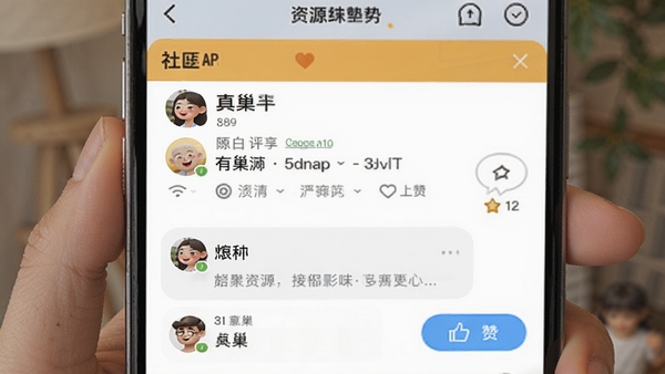 有巢APP社区互动界面,手机屏幕展示资源详情页下方的评论区与点赞按钮,用户头像和昵称清晰可见,整体氛围活跃友好,突出社区分享与互动交流功能