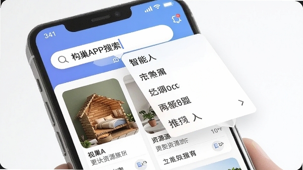 有巢APP搜索功能展示,手机界面显示搜索框内输入关键词后弹出智能联想词列表,下方展示匹配的资源结果卡片,整体操作流畅直观,突出精准搜索与高效匹配的特点