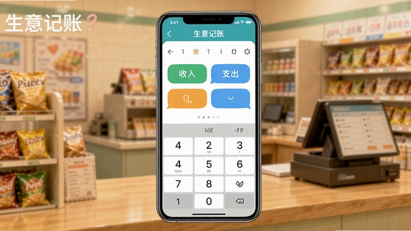 生意记账APP首页快速记账界面,手机屏幕显示收入支出按钮和数字键盘,背景是温馨的便利店柜台,画面明亮清晰,突出便捷操作感,带有生意记账字样