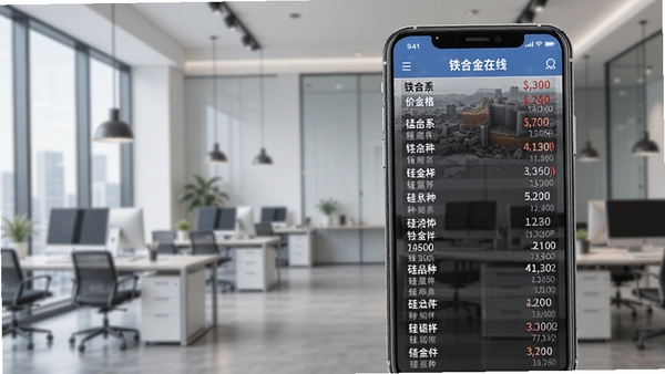 铁合金在线软件主界面展示,手机屏幕中呈现铁合金行情报价列表,包含锰系铬系硅系等品种价格数据,背景为现代化办公场景,清晰展示铁合金在线app的各项功能模块