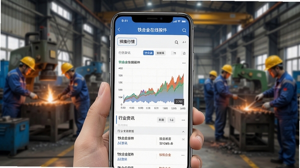 铁合金在线软件功能界面截图,展示实时行情报价页面与行业资讯列表,手机屏幕中呈现价格走势图表,背景为铁合金行业工作场景,突出铁合金在线app的专业数据服务能力