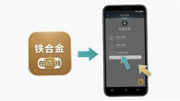 铁合金在线移动端使用教程示意图,手机屏幕展示软件安装步骤与权限设置界面,配合铁合金在线app图标与操作指引箭头,背景简洁清晰