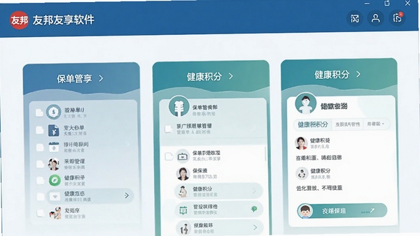 友邦友享软件功能界面截图,展示保单管理和健康积分页面
