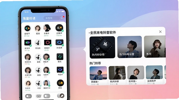 全民来电铃声软件主界面展示,手机屏幕显示海量铃声分类列表,界面清爽简洁,热门铃声推荐位醒目,背景为柔和渐变色调,突出个性化铃声设置功能