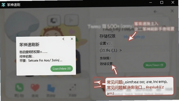 笨神速刷新手设置界面截图,展示悬浮窗权限开启步骤与存储权限设置,标注常见问题解决入口,软件名称笨神速刷显示在标题栏