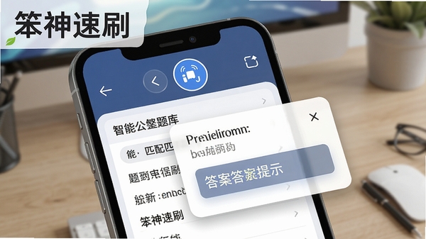 笨神速刷悬浮窗答题辅助场景示意图,手机屏幕上方显示识别按钮与答案提示框,展示智能匹配题库功能,软件名称笨神速刷清晰可见