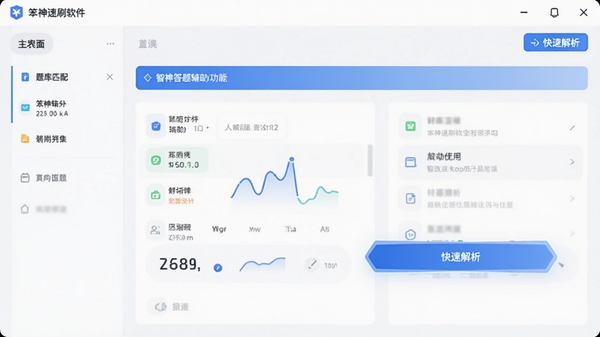 笨神速刷软件主界面截图,展示智能答题辅助工具的简洁UI设计,包含题库匹配与快速解析功能按钮,现代扁平化风格,蓝色科技感配色