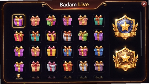 Badam Live 礼物面板与用户等级界面展示,彩色礼物图标排列整齐,等级徽章带有光泽效果,整体视觉精致但不浮夸