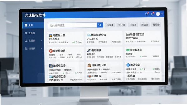 光速招标软件界面展示全国招标信息聚合列表,手机屏幕中清晰呈现各地区招标公告,包含关键词搜索框与行业分类标签,界面简洁专业,蓝色科技感风格