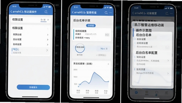 凯尔智慧运维移动端操作示意图,展示权限设置与后台白名单配置步骤,手机界面截图风格