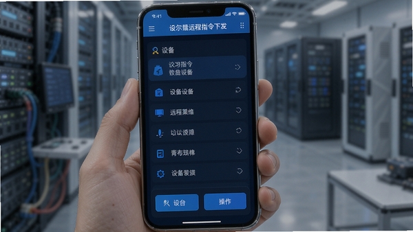 凯尔智慧运维远程指令下发功能界面截图,手机显示设备列表与操作按钮,科技蓝配色