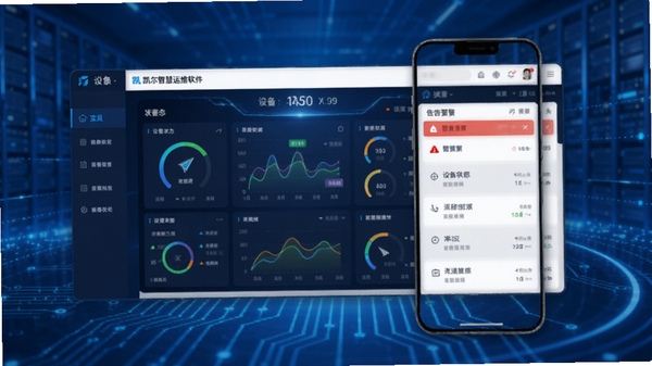 凯尔智慧运维软件主界面展示,蓝色科技感背景,手机屏幕中显示设备状态监控仪表盘与告警列表,简洁专业风格
