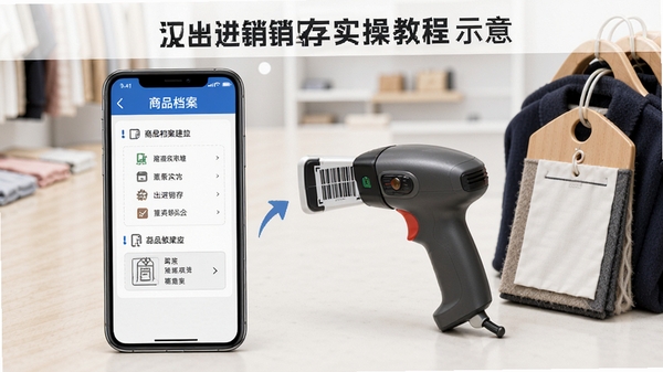 汉出进销存实操教程示意图,手机屏幕展示商品档案建立步骤,旁边有扫码枪和服装吊牌,简洁明了的操作指引风格