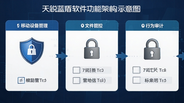天锐蓝盾软件功能架构示意图,展示移动设备管理、文件管控、行为审计三大模块,配以盾牌与锁形图标,整体风格简洁专业