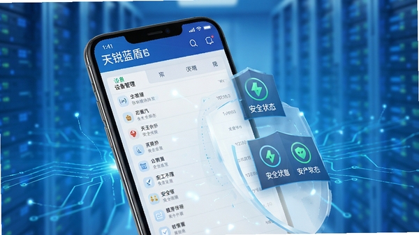 天锐蓝盾移动终端安全管控软件界面展示,手机屏幕上呈现设备管理列表与安全状态图标,背景为科技感蓝色调,突出数据防护主题