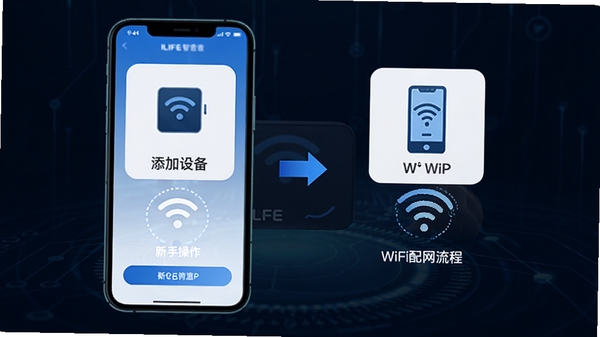 ILIFE智意APP新手操作指南示意图,手机界面展示添加设备步骤和WiFi配网流程,简洁明了的图标引导,蓝色科技风格