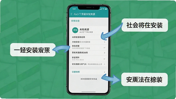 ��Ṥ���߿���APP��װ�̳�ʾ��ͼ���ֻ���Ļչʾ������װδ֪��ԴӦ�õ����ý��棬���м�ͷָ�������ֱ�ע���������