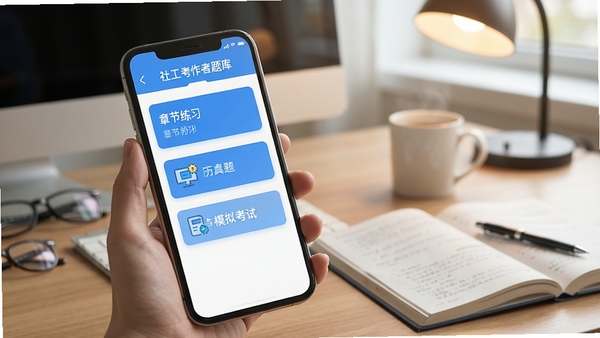 ��Ṥ���߿���APP������չʾͼ���ֻ���Ļ����ʾ�繤����������ҳ�棬�����½���ϰ���������⡢ģ�⿼�Ե�ģ�飬���������£���ɫ��ɫ��������Ϊ����ѧϰ����