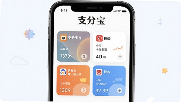 支分宝智能积分归集界面展示,手机屏幕中显示多个平台积分卡片汇总,色彩清新,扁平化设计风格,软件名称支分宝醒目显示