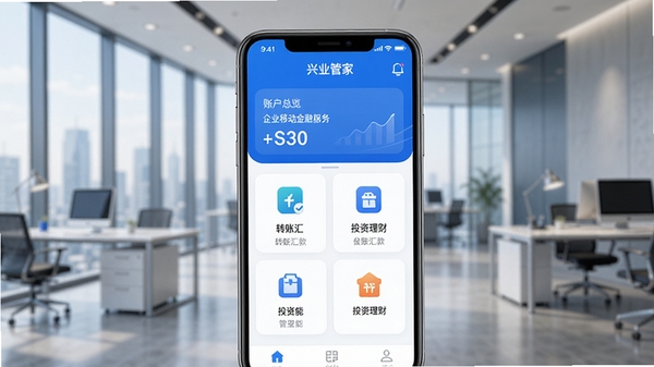 ��ҵ�ܼ�APP��ҵ�ƶ����ڷ���������չʾͼ���ֻ���Ļ����ʾ�˻�������ת�˻�Ͷ�����Ƶȹ���ģ��ͼ�꣬����Ϊ�ִ����칫�����������������ɫ��ɫ��������UIչʾ