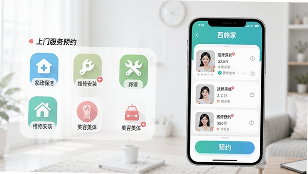 ��ʩ����APP��ҳչʾ���ŷ���ԤԼ���棬�����������ࡢά�ް�װ����������ȷ���ͼ�꣬�ֻ���Ļ����ʾ��ʦ�б���ԤԼ��ť�����������¼�࣬ͻ�����ԤԼ����