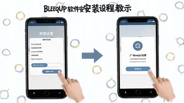 BleeqUp软件安装设置教程示意图,展示手机权限设置页面和蓝牙配对操作步骤