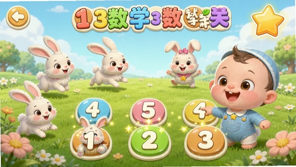 ���ı���ѧ���ּ������ؽ���AI��ͼ��ʾ�ʣ�����չʾ���ı���ѧ������Ϸ�У�һȺ�ɰ���С�����ڲݵ�����Ծ��������Ҫ�������������������Ӧ���֣�����ɫ������������п�ͨ���ְ�ť�����ǽ�����Ч