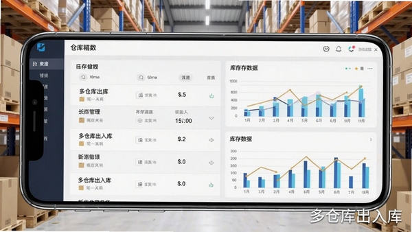 多仓库出入库软件主界面展示,手机屏幕显示多个仓库列表和库存数据图表,背景为现代仓库货架,风格简洁商务,突出移动端库存管理应用,画面清晰明亮,软件名称“多仓库出入库”以水印形式出现在角落