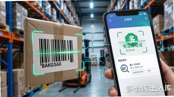 多仓库出入库软件扫码功能特写,手机摄像头对准商品条形码,屏幕显示扫描成功和商品信息录入界面,背景为仓库货架,风格科技感,突出便捷操作,软件名称“多仓库出入库”以水印形式出现在角落