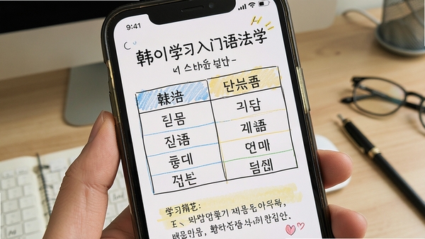 韩语学习入门语法学习页面,手机屏幕显示语法对比表格,中文韩语对照,学习笔记风格