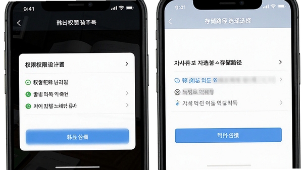 韩语学习入门移动端操作界面截图,展示权限设置和存储路径选择页面,手机UI风格
