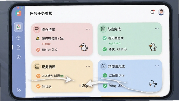 快鸭负责人手机端任务看板界面,卡片式布局,色彩柔和,展示待办与已完成分列,带有拖拽动效示意