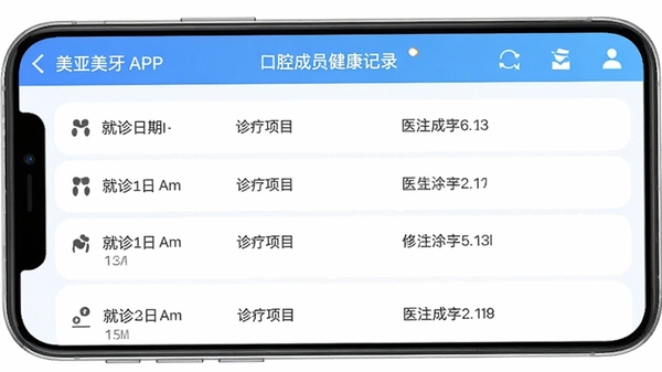 ��������APP��ǻ�����������棬չʾ��ͥ��Ա���ݽ�����¼�б��������������ڡ�������Ŀ��ҽ����ע���ֶε��ֻ���ͼ