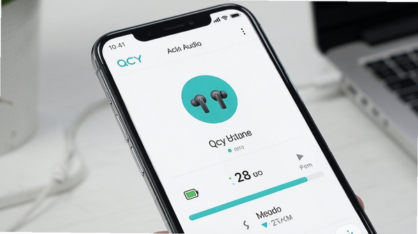 QCY Audio����������չʾͼ���ֻ���Ļ��ʾ��������״̬�������Ϣ������ִ�UI��ƣ���ɫ����������ɫ��׺�������Ʒ��ͼ���