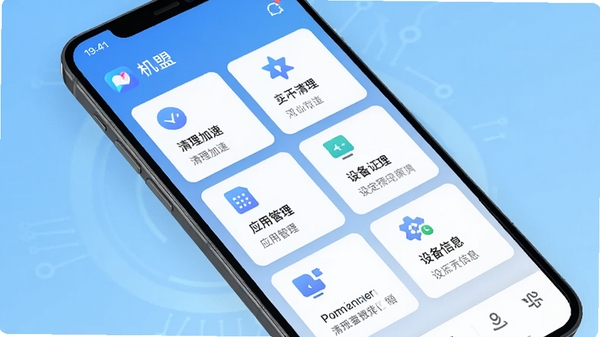 �ֻ���Ļ��ʾ����app�����棬��ˬ�Ŀ�Ƭʽ���֣�չʾ�������١�Ӧ�ù������豸��Ϣ�ȹ���ģ�飬����Ϊǳ��ɫ���䣬�Ƽ�����������