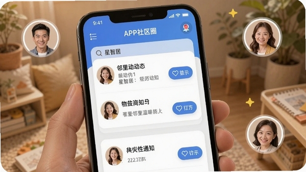 ���Ǿ�APP����Ȧ�͹�����棬�ֻ���Ļ��ʾ���ﶯ̬����ҵ֪ͨ�б�����Χ���ھ�ͷ��ͻ�����ť������������ů��Χ