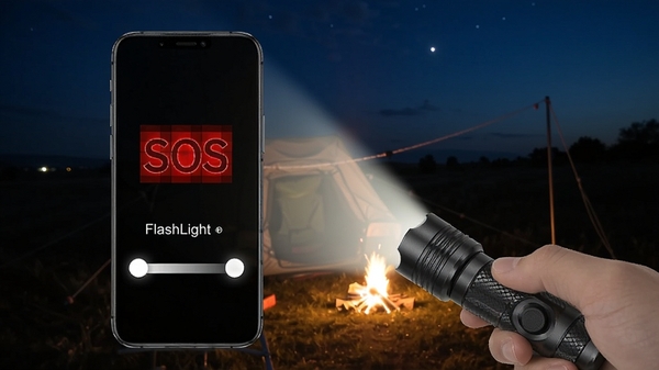 手电筒FlashLight功能演示图,手机屏幕显示SOS闪烁模式与亮度调节滑块,背景为夜晚户外场景,画面突出手电筒FlashLight的应急照明作用
