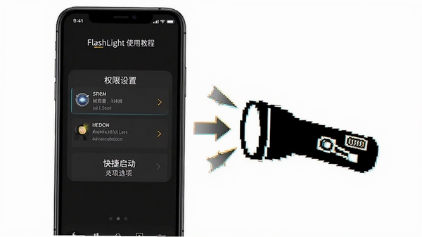 手电筒FlashLight使用教程示意图,手机屏幕显示权限设置与快捷启动选项,旁边有手电筒图标和操作箭头,风格简洁清晰