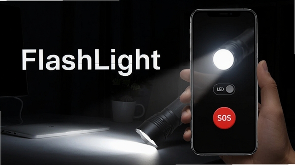 手电筒FlashLight手机应用界面展示,深色背景中一部智能手机开启高亮手电筒功能,光束照亮周围环境,界面简洁,有LED开关与SOS按钮,科技感与实用感并存,图片中带有手电筒FlashLight文字标识