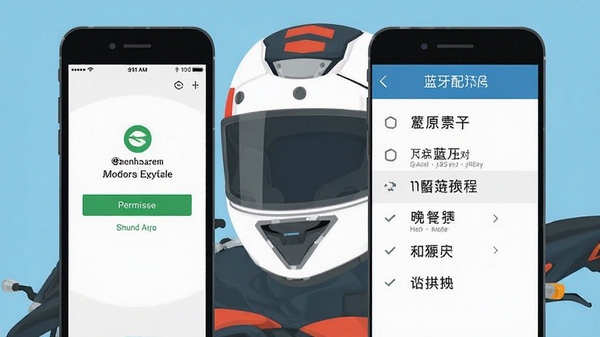 Sena Motorcycles新手设置教程示意图,手机屏幕显示权限授予界面和蓝牙配对列表,摩托车头盔背景,扁平插画风格