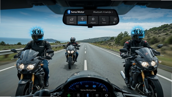 Sena Motorcycles软件界面展示蓝牙对讲连接功能,摩托车骑手在公路上组队骑行,头盔蓝牙耳机图标闪烁,科技感蓝色调,写实风格