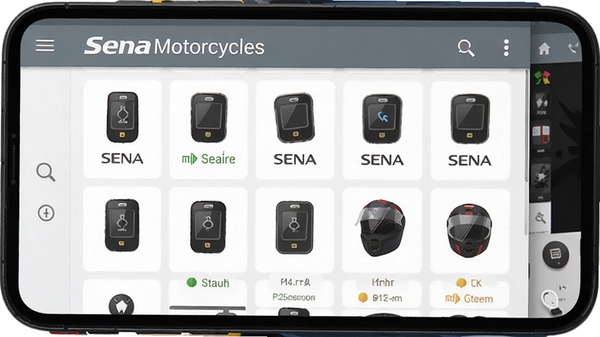 Sena Motorcycles软件多设备管理列表,显示多个Sena设备图标和连接状态,手机屏幕界面,扁平化设计
