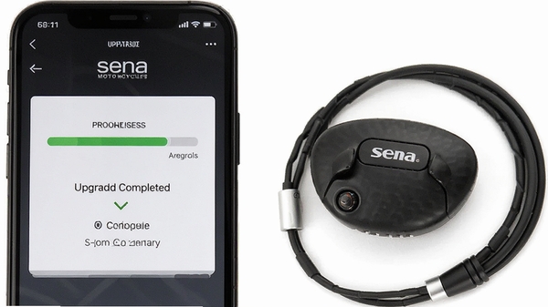 Sena Motorcycles软件固件升级界面,手机显示进度条和升级完成提示,旁边放置Sena蓝牙耳机设备,简洁白色背景