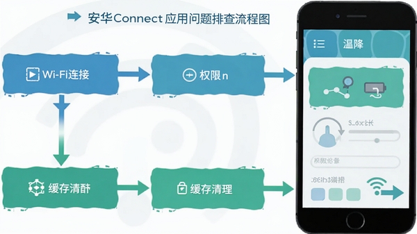 ����ConnectӦ�������Ų�����ͼ��չʾWi-Fi���ӡ�Ȩ�����á����������Ȳ��裬��ƽ����ƣ�����ɫ�����ֻ�����ʾ��ͼ