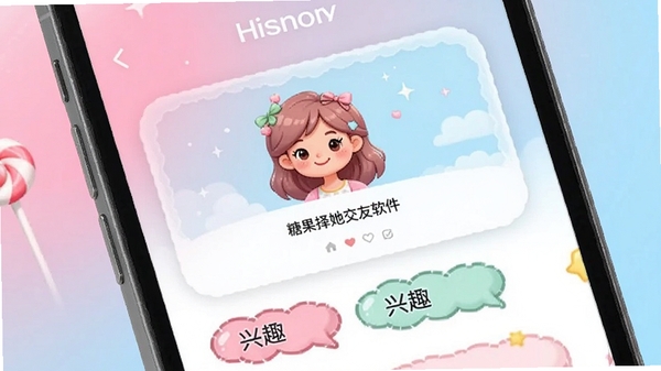 糖果择她交友软件主界面展示,清新糖果色调,手机屏幕中显示用户卡片与兴趣标签,背景为柔和渐变粉色与天蓝色,卡通风格,高清细节,社交应用宣传图