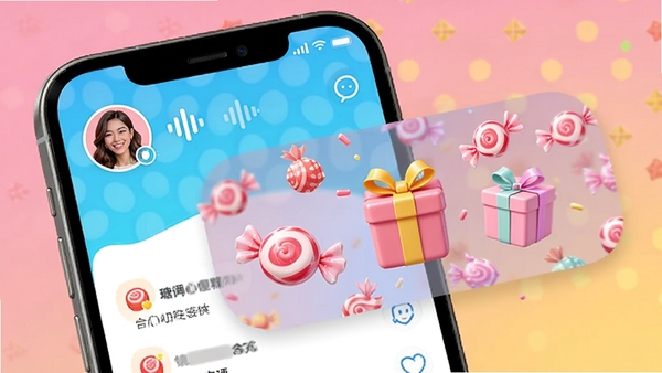 糖果择她语音动态广场界面,用户头像旁带有声波图标,糖果礼物动画飘屏,手机界面设计,明亮活泼配色,社交应用功能展示图